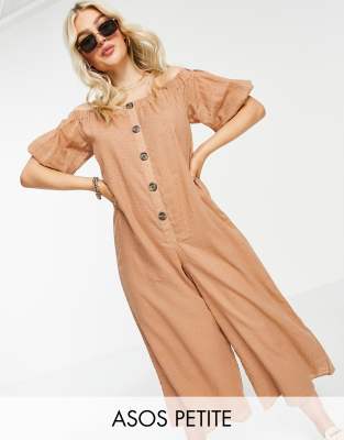 Asos Petite Asos Design Petite Off Shoulder Button Front Textured Jumpsuit In Sand-brown