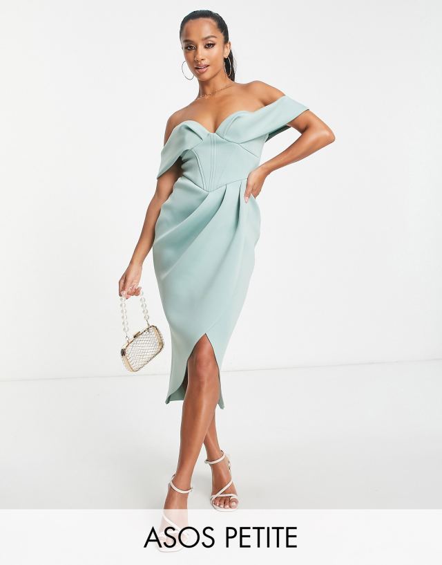 ASOS DESIGN Petite off shoulder corset midi dress in sage