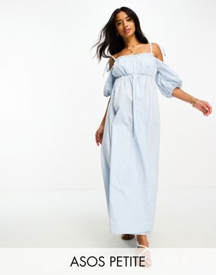 ASOS DESIGN Petite off shoulder cotton midi dress with ruched bust detail in cornflower blue
