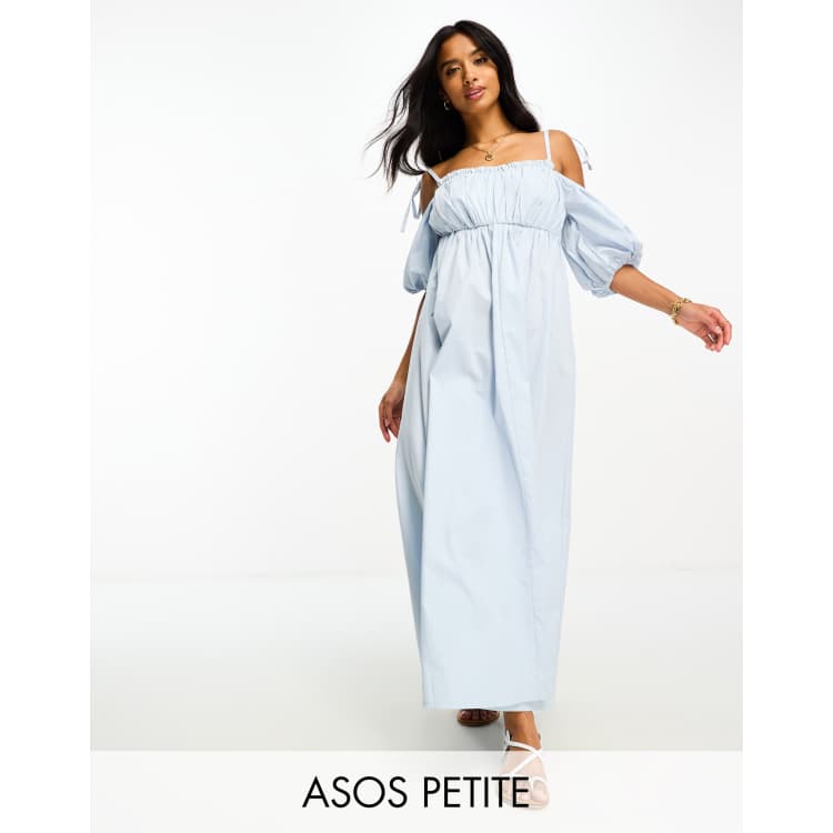 ASOS DESIGN Petite off shoulder cotton midi dress with ruched bust detail in cornflower blue ASOS