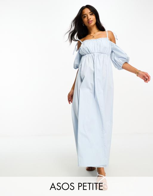 ASOS DESIGN Petite off shoulder cotton midi dress with ruched bust detail in cornflower blue ASOS