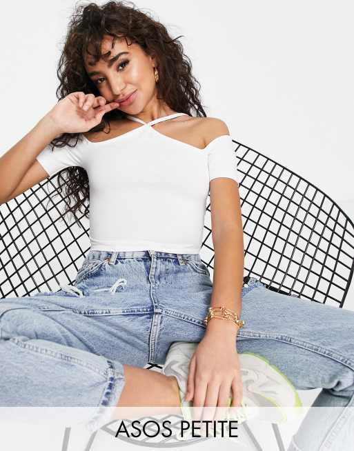 ASOS DESIGN Petite off shoulder halterneck top in white