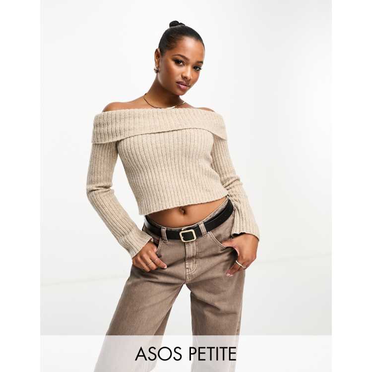 ASOS DESIGN Petite off shoulder jumper in chunky rib in oatmeal | ASOS