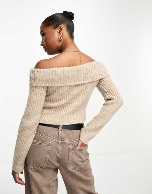 ASOS DESIGN Petite off shoulder jumper in chunky rib in oatmeal ASOS