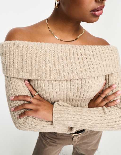 ASOS DESIGN off shoulder sweater in rib in cream