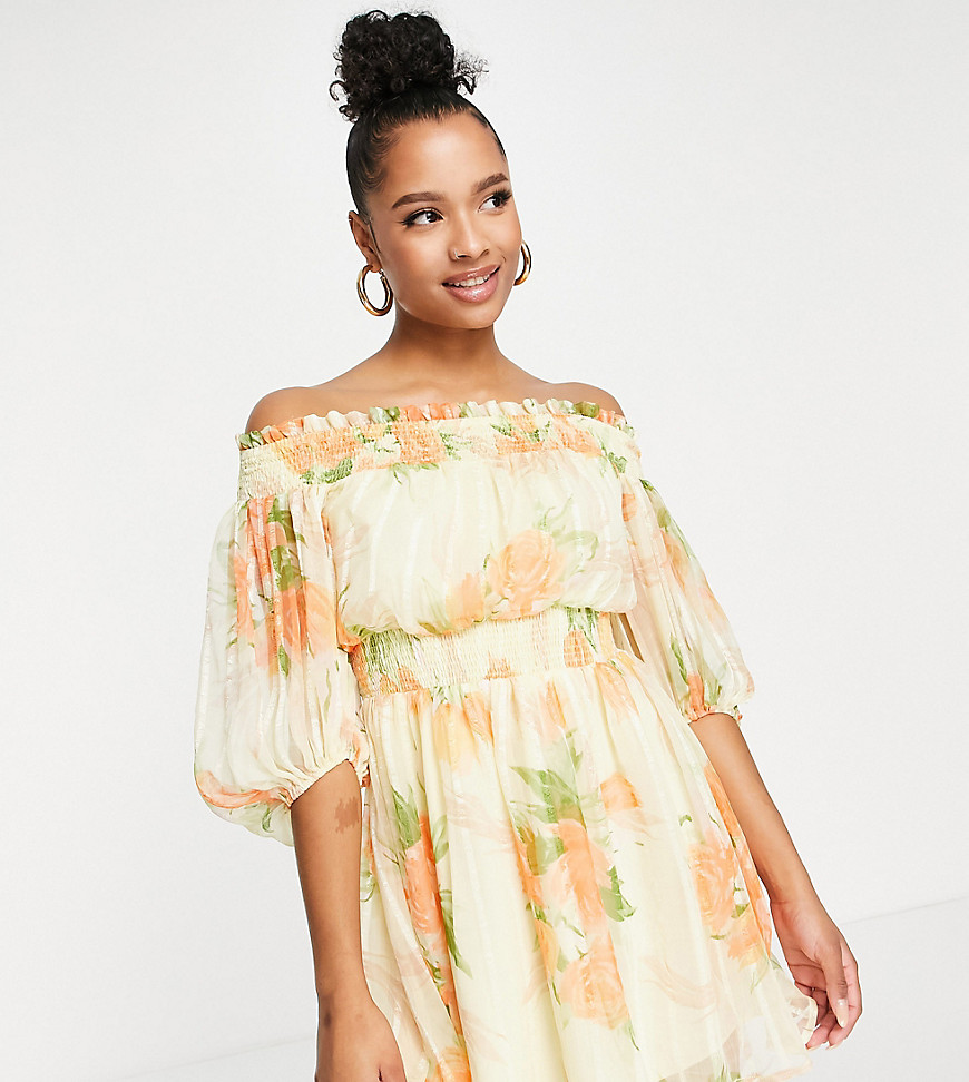 Asos Petite Asos Design Petite Off Shoulder Mini Dress With Blouson Sleeve In Self Stripe In Meadow Floral-multi