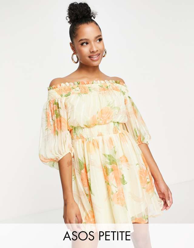 ASOS DESIGN Petite Off shoulder mini dress with blouson sleeve in self stripe in meadow floral