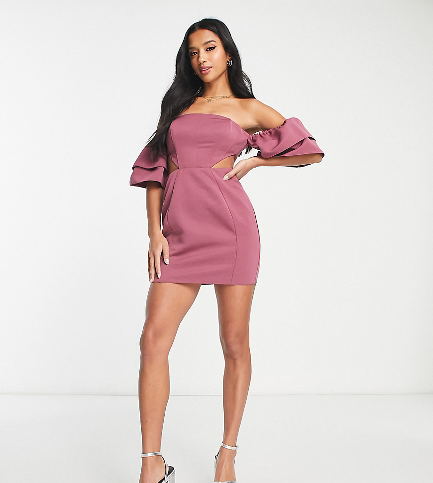 Asos Design Petite Off Shoulder Mini Dress With Sleeve Detail And Cut Out Waist In Berry-Red
