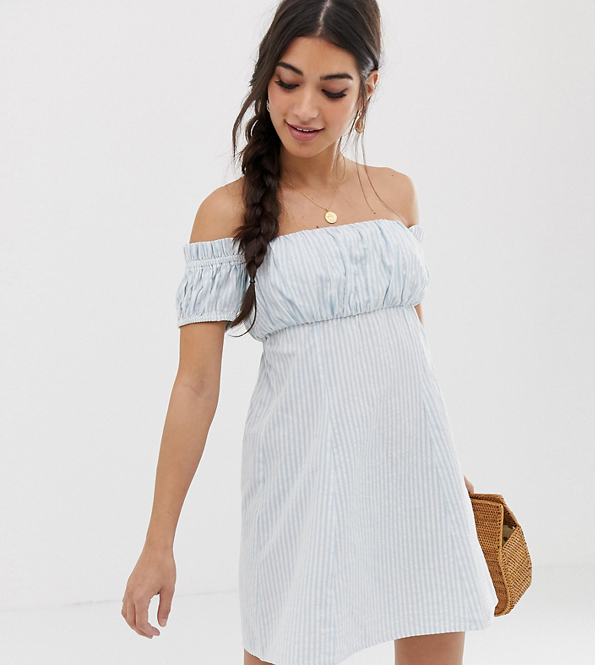 ASOS DESIGN Petite off shoulder mini sundress with ruched bust in stripe-Multi