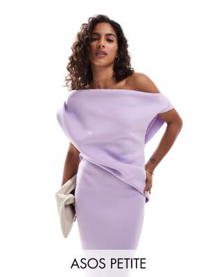 Asos Petite Asos Design Petite Off Shoulder Pleat Waist Detail Pencil Midi Dress In Lilac-purple