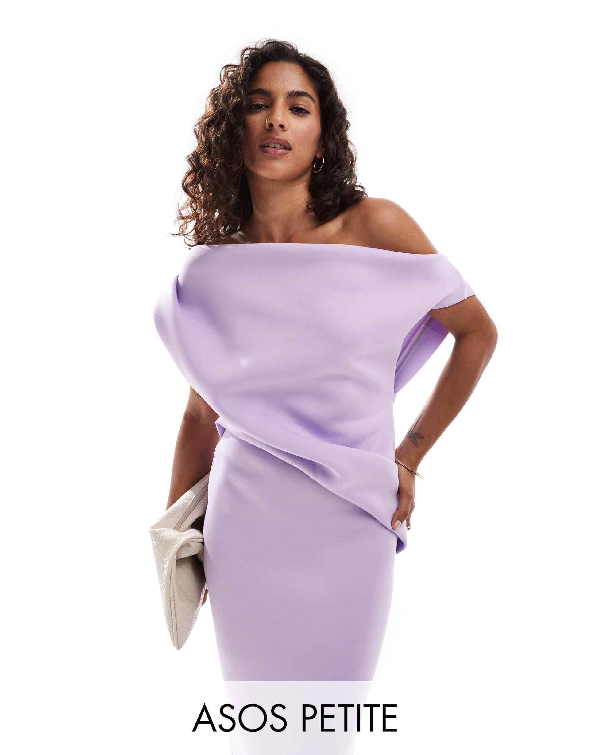 asos design petite off shoulder pleat waist detail pencil midi dress in lilac