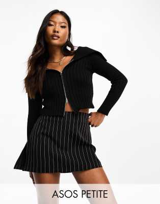 Asos Petite Asos Design Petite Off Shoulder Ribbed Zip Up Cardigan In Black