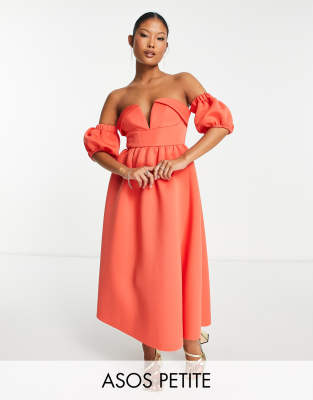 ASOS DESIGN Petite off shoulder ruffle midi prom dress in deep coral