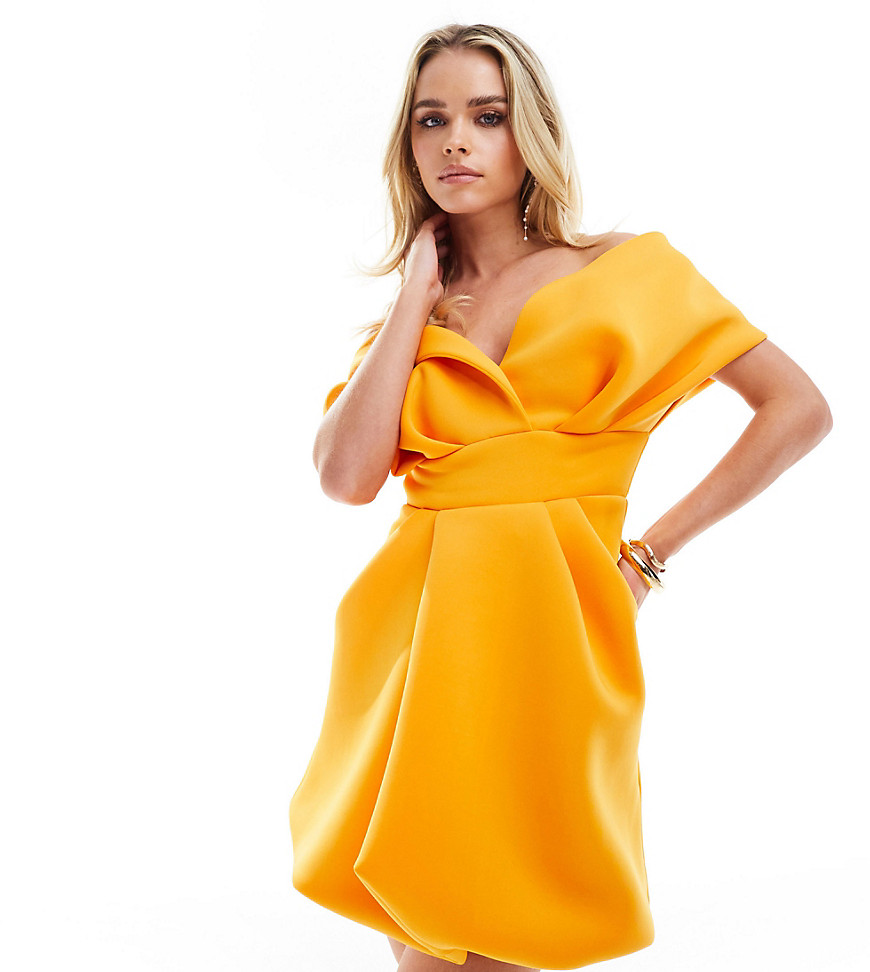 ASOS DESIGN Petite off shoulder scuba bubble mini dress in orange