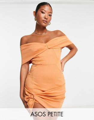 Asos Petite Asos Design Petite Off Shoulder Seamed Twist Hem Mini Dress In Apricot-multi