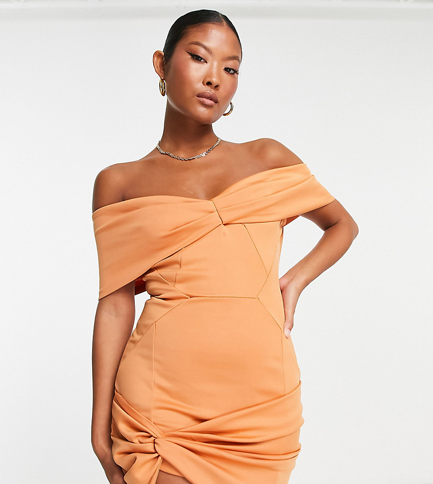 Asos Petite Asos Design Petite Off Shoulder Seamed Twist Hem Mini Dress In Apricot-multi