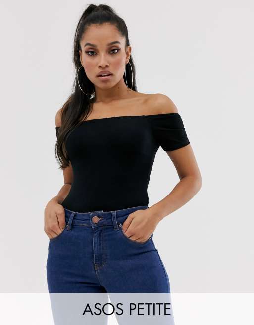 ASOS DESIGN Petite off shoulder short sleeve bodysuit in black