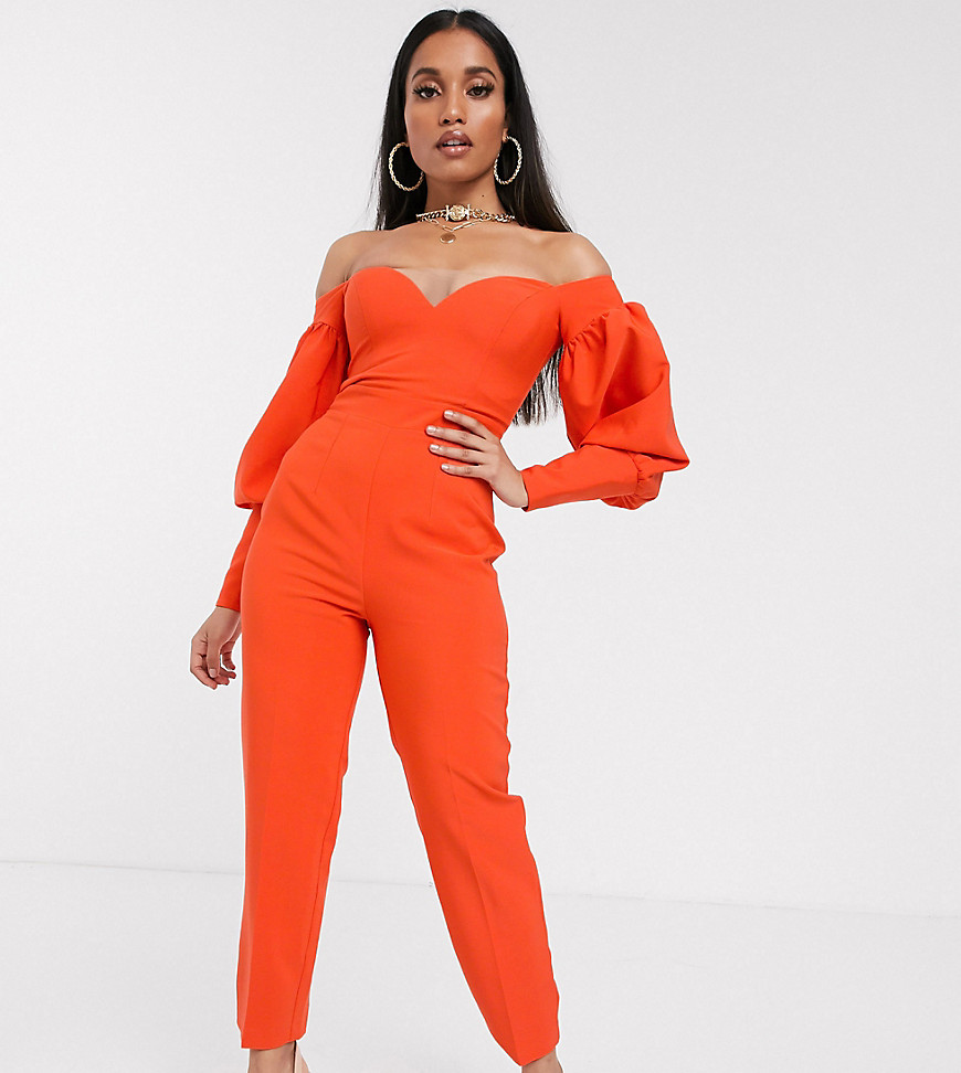 ASOS DESIGN Petite off shoulder structured sleeve jumpsuit with sweetheart neck