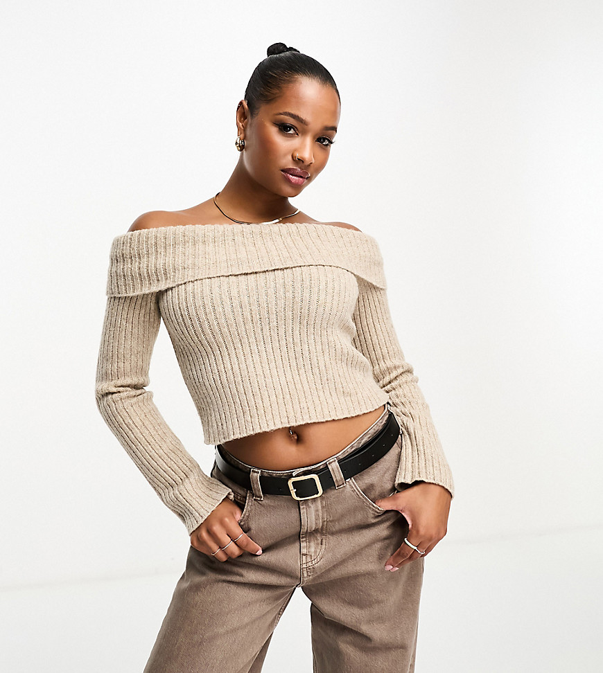 Asos Petite Asos Design Petite Off Shoulder Sweater In Chunky Rib In Oatmeal-neutral