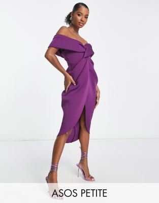 ASOS Petite ASOS DESIGN Petite off shoulder twist front midi dress in grape-Purple