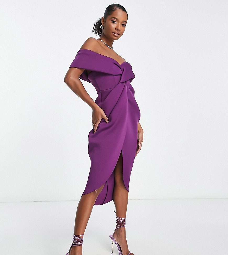 ASOS DESIGN Petite off shoulder twist front midi dress in grape-Purple