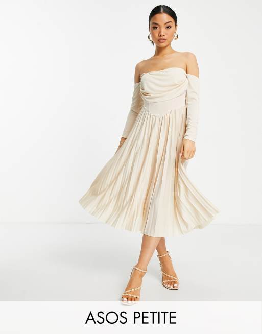 ASOS DESIGN Petite off the shoulder corset detail pleated midi