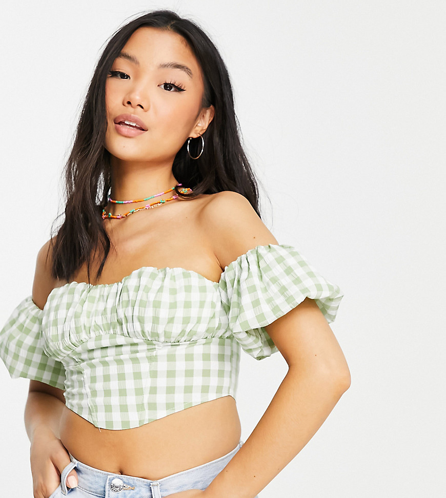 ASOS DESIGN Petite off-the-shoulder corset top in green and white gingham-Multi