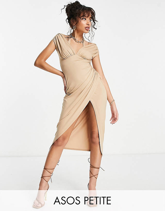 ASOS DESIGN Petite off the shoulder wrap ruched midi dress in stone