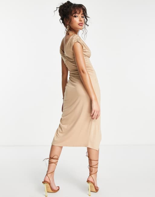 ASOS DESIGN Petite off the shoulder wrap ruched midi dress in stone, 2 of 4