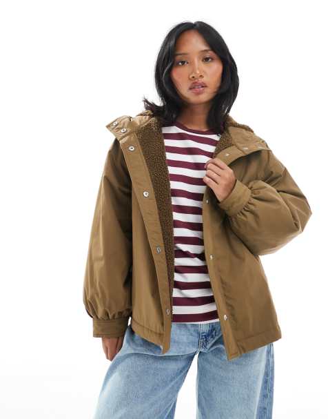 ASOS DESIGN Petite oversized fleece lined rain coat in olive