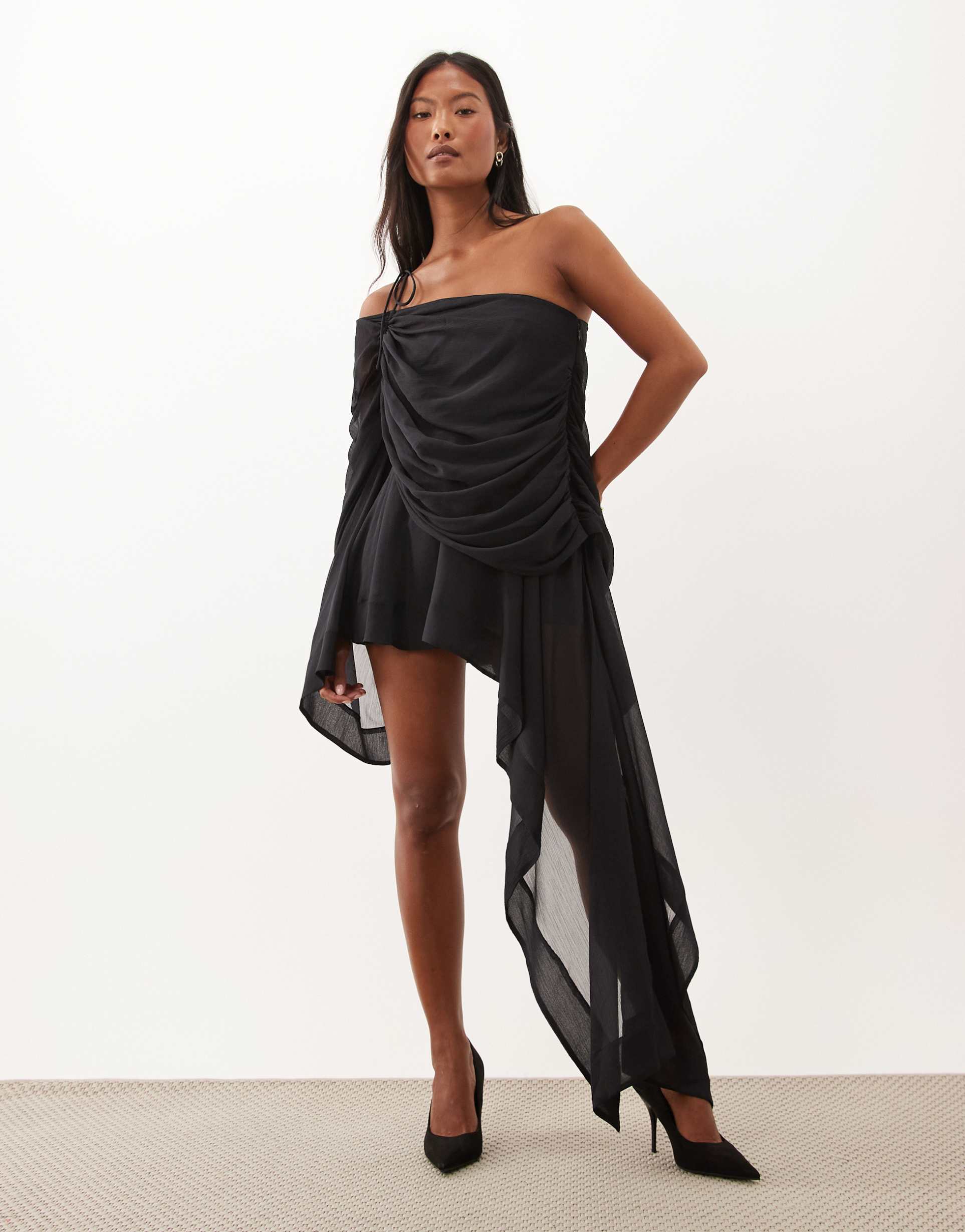 asos design petite one shoulder asymmetric chiffon mini dress in black
