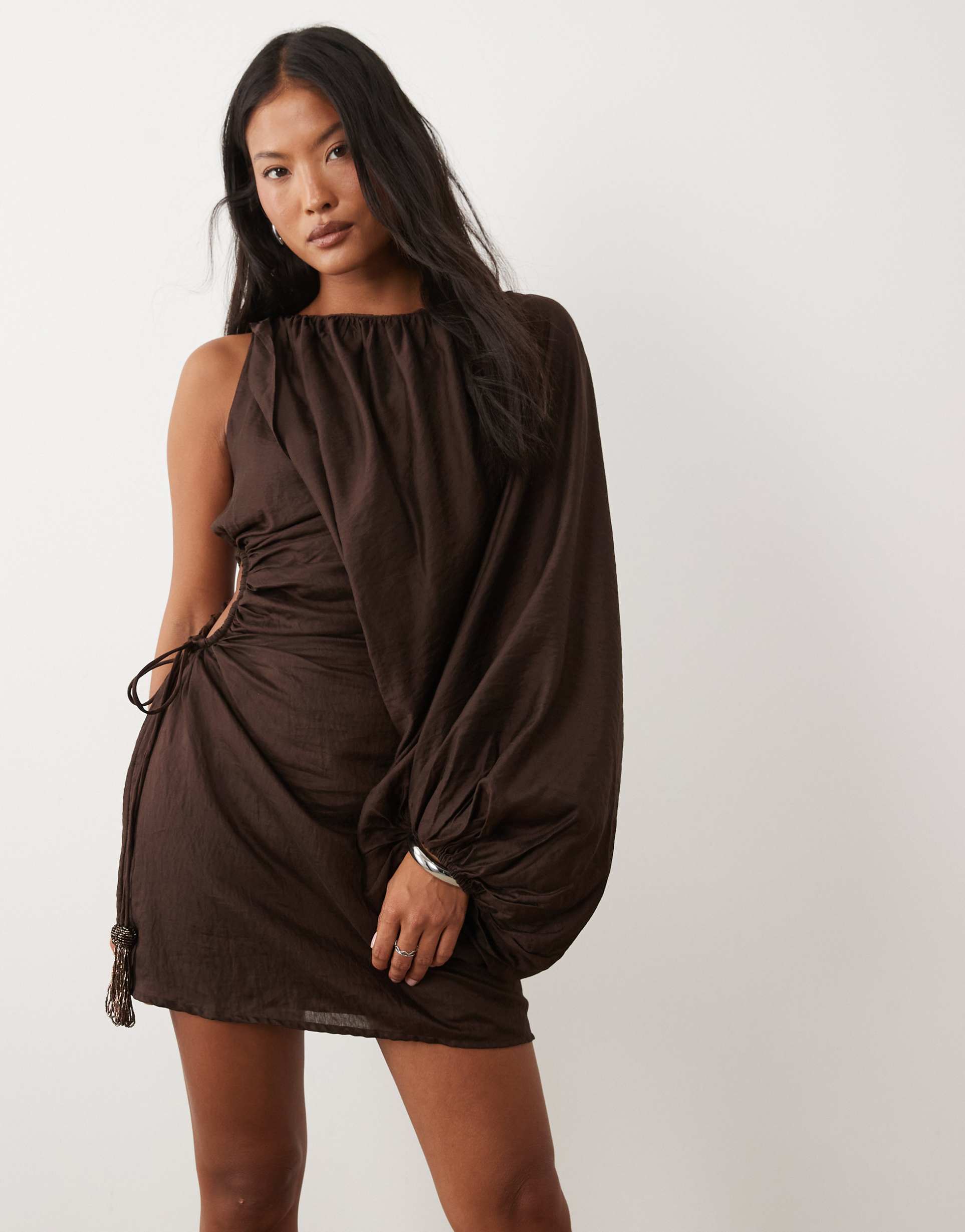 asos design petite one shoulder blouson mini dress with cut out waist in chocolate