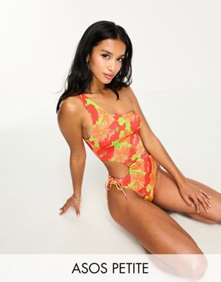 ASOS DESIGN Petite one shoulder cut out swimsuit in bright retro floral print
