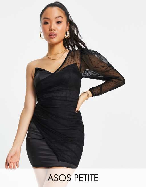 ASOS DESIGN Petite one shoulder dobby mesh satin mini dress in black