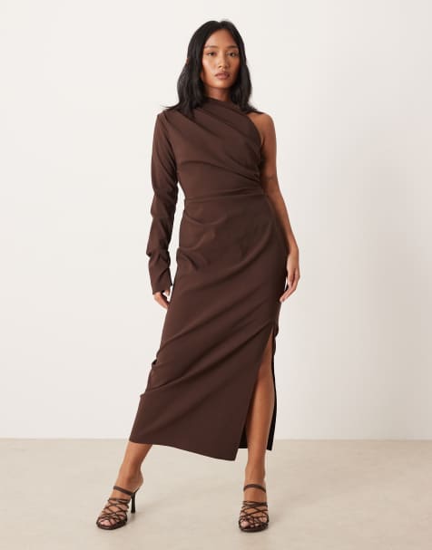 ASOS DESIGN Petite one shoulder draped midi dress in chocolate - view 1