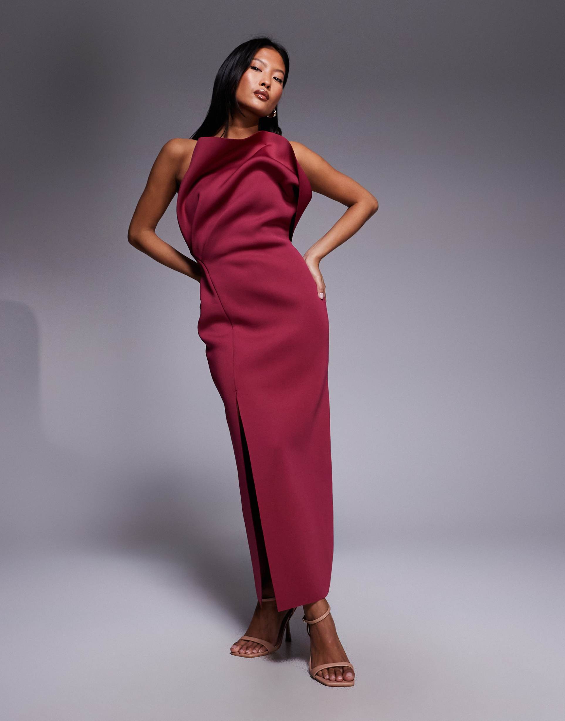 asos design petite one-shoulder exaggerated twist midi dress in burgundy in scuba-style fabric