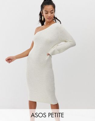ASOS DESIGN Petite one shoulder knitted midi dress-Stone