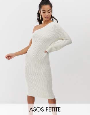 ASOS DESIGN Petite one shoulder knitted midi dress-Stone