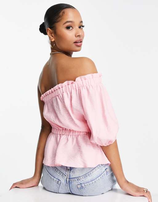 ASOS DESIGN shirred crop top with broderie straps in pink