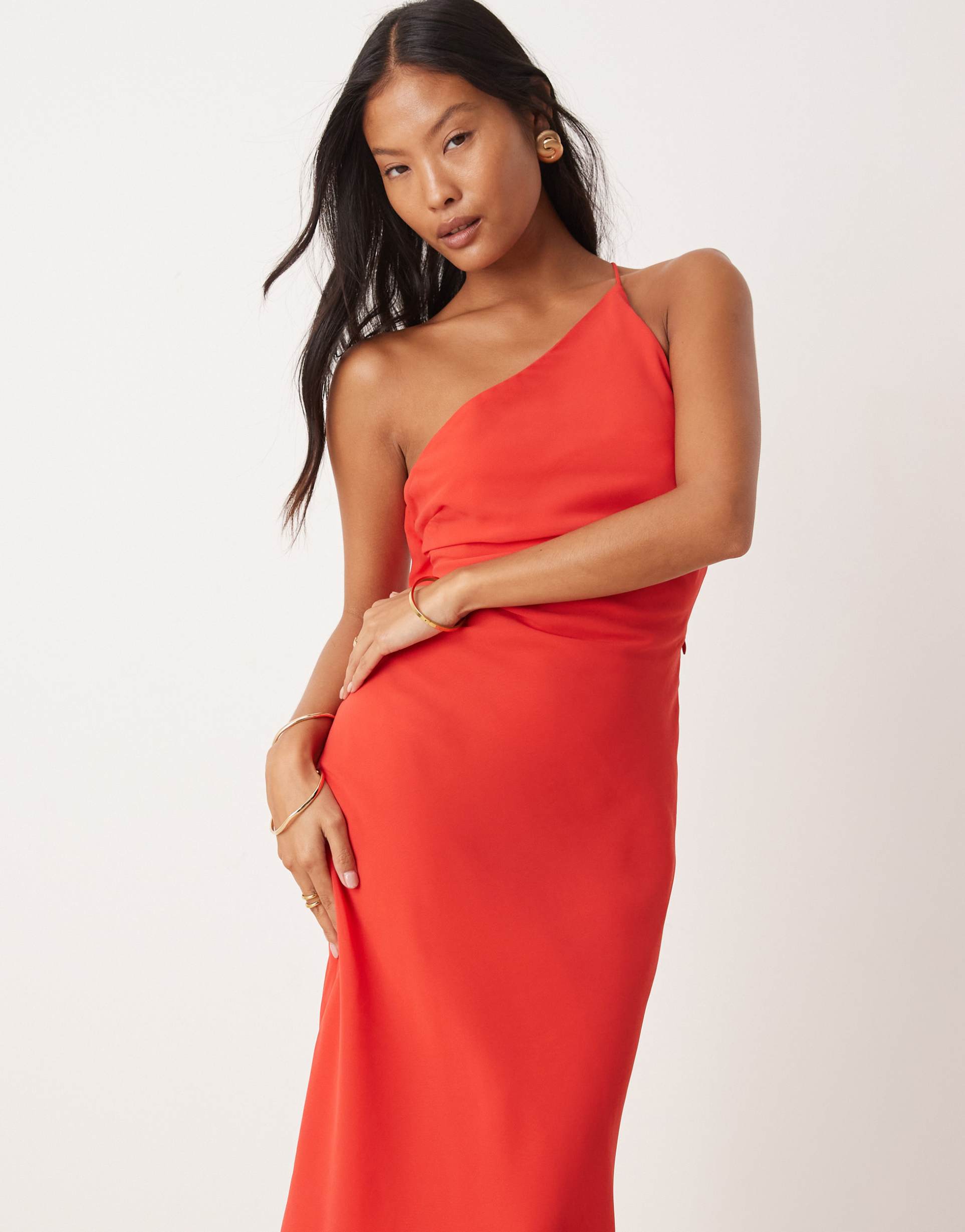 asos design petite one shoulder maxi dress with open back in red