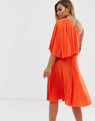 one shoulder pleated midi dress