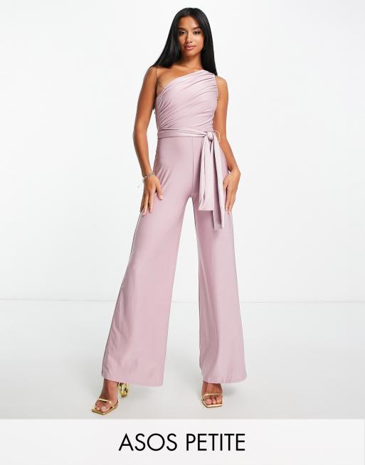 ASOS DESIGN Petite one shoulder ruched bodice wide leg jumpsuit in mauve