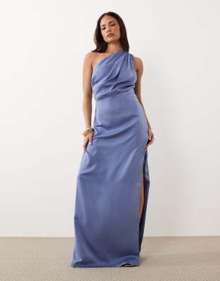 Asos Petite Asos Design Petite One-shoulder Satin Maxi Dress With Pleat Detail In Blue