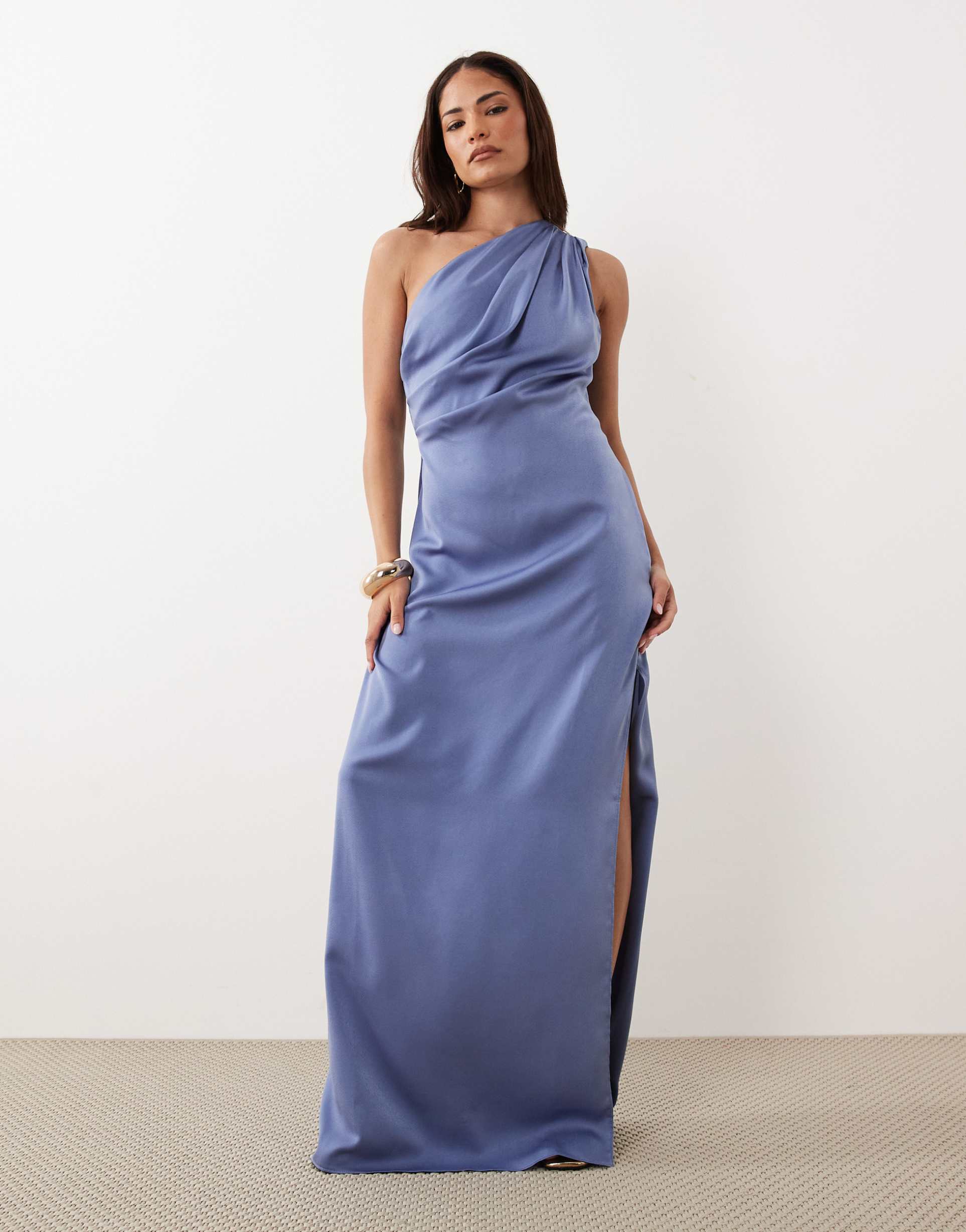 asos design petite one-shoulder satin maxi dress with pleat detail in lavender blue