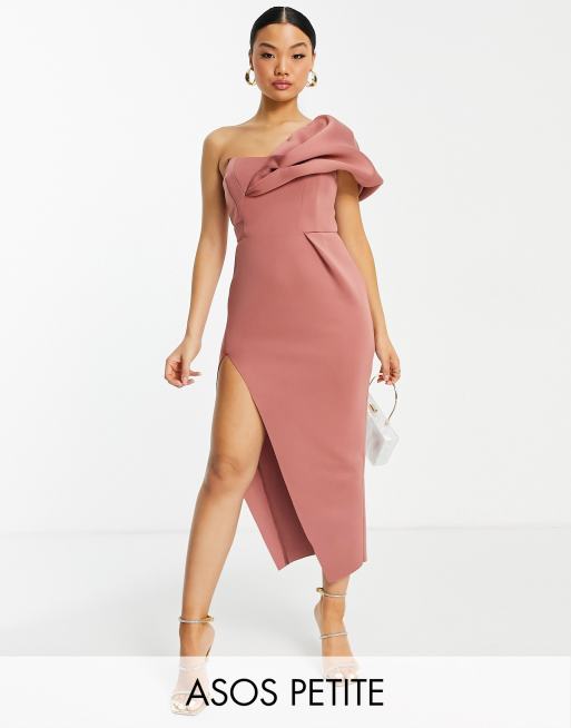 ASOS DESIGN Petite one shoulder seamed bust midi dress with high leg slit in rose