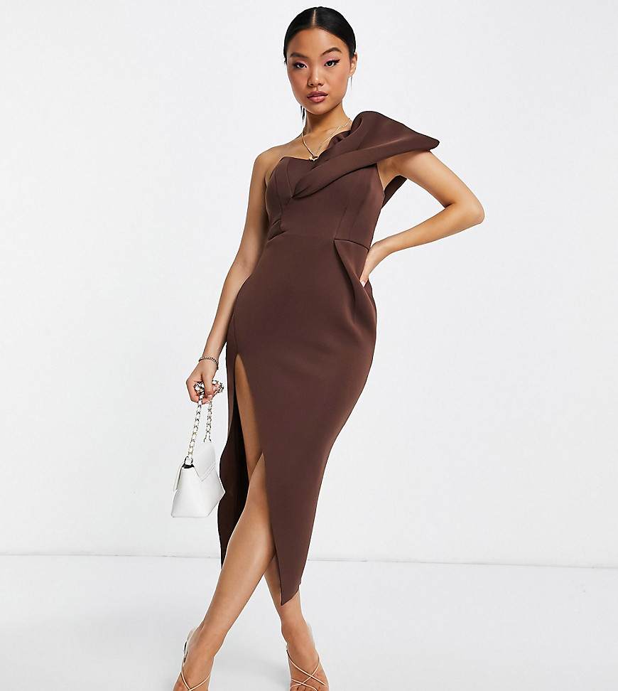 ASOS DESIGN Petite one shoulder seamed bust midi dress with high leg split in chocolate-Multi