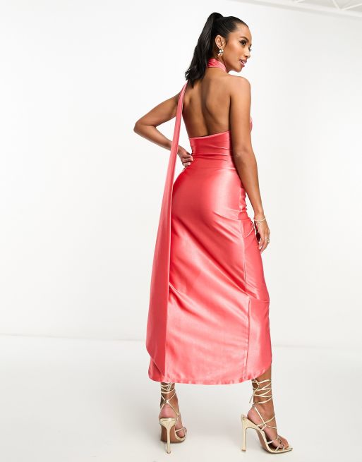 ASOS DESIGN Petite one shoulder tie stretch satin midi dress in pink