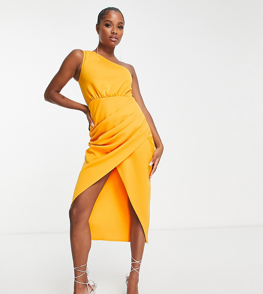 ASOS DESIGN Petite one shoulder tuck skirt wrap midi dress in sunset yellow-Multi