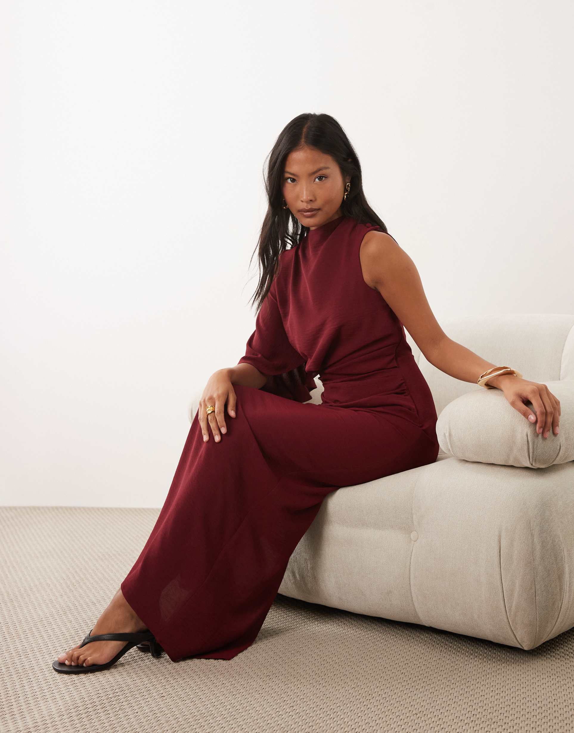 asos design petite one sleeve maxi dress with pleat waist detail in burgundy