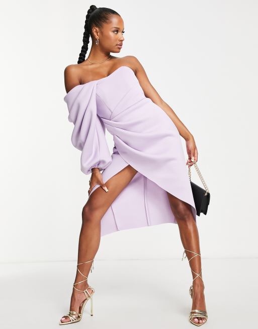 ASOS DESIGN Petite one sleeve off shoulder wrap tuck pencil midi dress in lilac ASOS